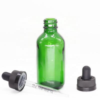 China Recycable 60ml 2oz Green Boston Round Glass Bottle With Child Proof Glass 20mm Dropper For Essential Oil for sale