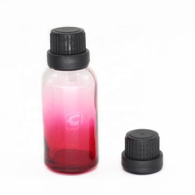 China Cosmetic Packaging Faded Euro 30ml Red Pink Glass Dropper Bottles With Tamper Evident Cap For Essential Oil for sale