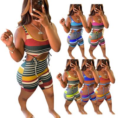 China Bodycon Ladies Overall Lace Bodycon Ladies Summer Sexy Stripe Jumpsuit Women Short Workout Sleeveless Raincoat Rompers for sale