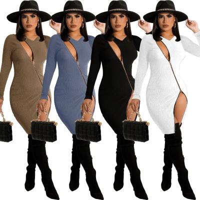 China Bodycon Anti-Static Anti-Static Sexy Zipper Up Women Sweater Dresses Knit Fall Cheap Casual Women Dress Clothing Long Sleeve Winter Dress Knitted for sale