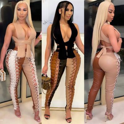 China Anti Pilling Anti Pilling Ladies String Leather Pants Plus Size PU Brown Leather Lace Pants 2021 Sexy Trending Bodycon Leather Pants for sale