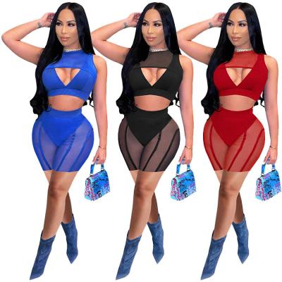 China Breathable Women Set Breathable Mesh Patchwork Club Outfits For Summer Women Clothing Sexy Women Short Two-Piece Biker Shorts Tracksuit 2 for sale