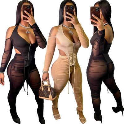 China Anti-Pilling Mesh Ruched Two Piece Set anti-pilling 2 piece women see through sexy black seer women club 2 piece outfits for sale