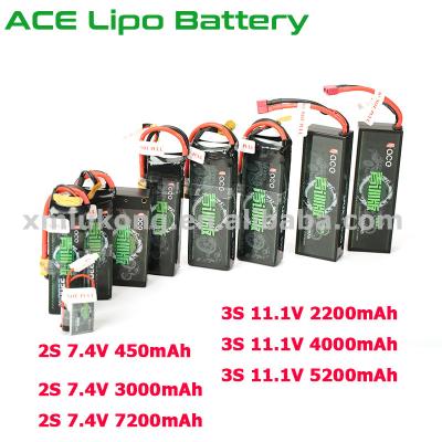 China Toys ACE Lipo Battery 7.4V 2S 450mAh 3000mAh 7200mAh 11.1V 3S 2200mAh 4000mAh 5200mAh For Rechargeable Lipo Battery RC Car for sale