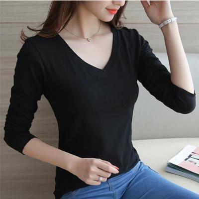 China 2021 ladies long sleeve t-shirt thin stretch korean white black v-neck shirt anti-pilling new solid color women girls casual bottoming top for sale