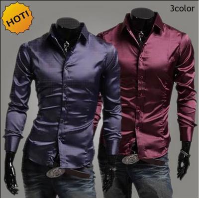 China 2021spring Autumn Emulation Silk Shiny Leisure Men's Long Sleeve Anti-pilling Hot Men's Wine Red Silky Dress Shirts/Purple/Black Tuxedo Shirt for sale