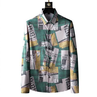 China Autumn Winter Trend Color Matching Anti-pilling Long Sleeve New Shirt Men's Stock Printed No-Iron Dress Shirt Brand Flower Street Slim Shirt for sale