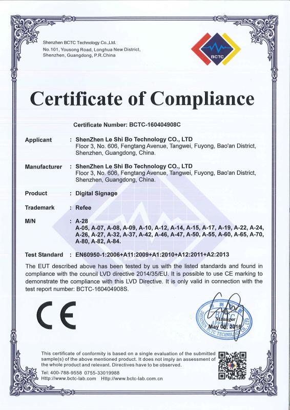 CE LVD Certificates - Shenzhen Refee Technology Co.,Ltd