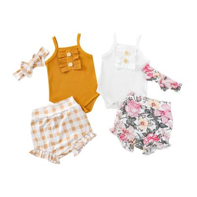 China Sweetly 2022 Summer New Girls' Clothes Set Sleeveless Suspender Shorts Baby Girls' Top Printed Clothing Sets for sale