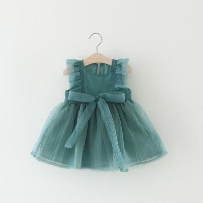 China Anti-wrinkle Bow And Lace Chiffon Baby Kid Clothing Casual Pink Green Infant Princess Toddler Girl Dresses for sale