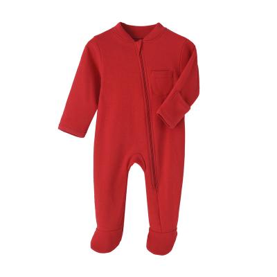 China Wholesale Custom Newborn Baby Boy Rompers Cotton Baby Rompers Pure Natural Organic Red Zipper Footed Romper for sale