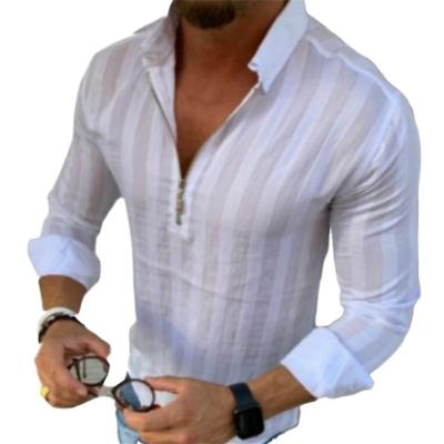 China Anti-pilling new style men's European and American casual long-sleeved lapel zipper striped shirt for sale