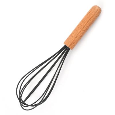 China Viable Wholesale Egg Tools 26cm Wooden Handle+Silicone+Stainless Steel Beater Mixer Commercial Hand Portable Egg Beater for sale