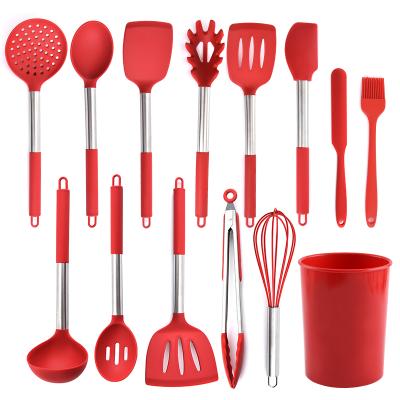 China Viable Ready to Ship Silicone Kitchen Utensils Sets Luxury Kitchenware Food Grade Safe Silicone Cookware Set with Stand for sale