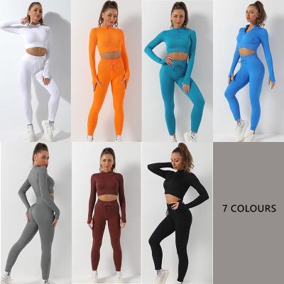 China Breathable On Sale Fitness Ribbed Slim Fit 2Pcs Sports Sporty Set Gym Plus Size Active Fitness Women Suits Seamless Wear Yoga Set for sale