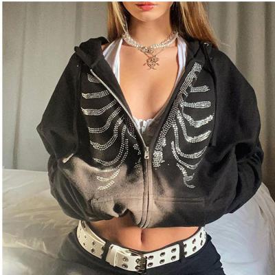 China Y2K Breathable Rhinestone Hoodies Women Winter Streetwear Skeleton Zipper Up Goth Black Sweatshirts Harajuku Grunge Hoodie With Zipper for sale