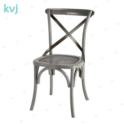 China Ceremony Traditional Wedding Gray Distressed Wooden Crossback Stacking Chair for sale