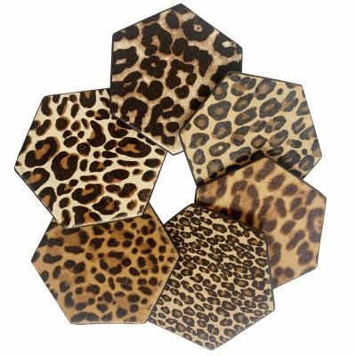 China Viable Promotional Hot Sale Personalized Cowhide Leather Hexagon Coaster Mug Cup Coaster for sale