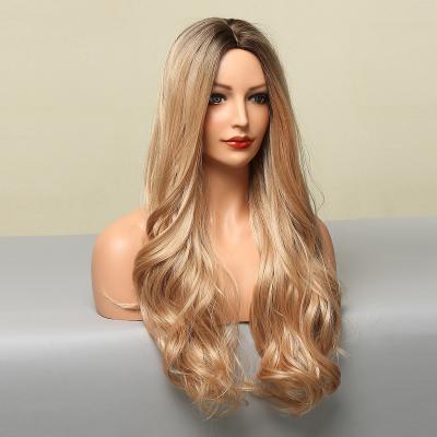 China Golden Brown Cosplay Wigs Ombre Daily Natural Synthetic Medium Black Part Wigs For Women Heat Resistant Fiber Wigs Blonde for sale