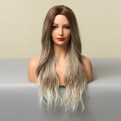 China Synthetic Wigs Ombre Brown Gray Ash Blonde Hair Daily Use Long Body Wave Wig For Women Ready To Ship Wigs for sale