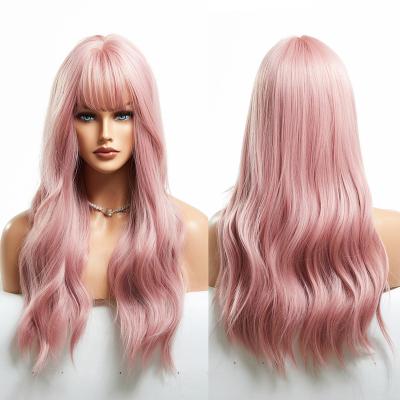 China Daily Use HAIRCUBE Wigs Supplier Synthetic Light Pink Wavy Wig Long With Bangs Cosplay Daily Party Wig Curly Synthetic for sale