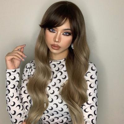 China Daily Use Ombre Honey Brown Dark Root Wigs With Bangs Long Natural Wavy Daily Wig For Wigs Wholesale for sale