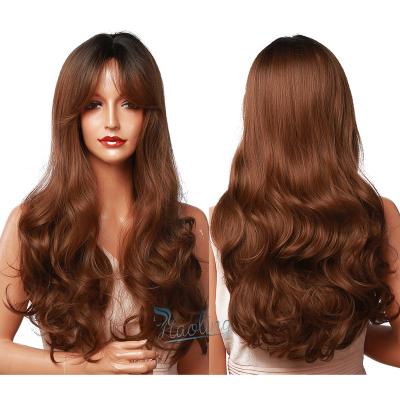 China HAOLING OEM/ODM High Fiber Daily Long Body Wave Synthetic Wig Synthetic Wig Black Brown Ombre With Bangs Wig For Women for sale