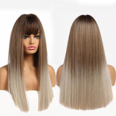 China Daily Use Synthetic Wigs With Bangs Long Ombre Straight Brown Gray Ash Hair Wigs For Women High Temperature Fiber for sale