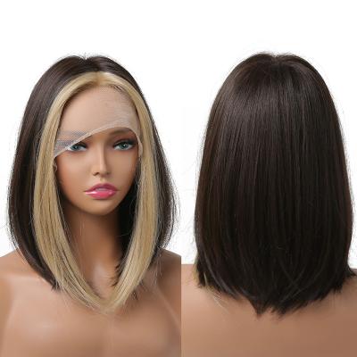 China Fast Delivery Daily Use Short Straight Lace Front Synthetic Wigs Brown Black Highlight Blonde Full Lace Wig Short Straight Hair For Black Afro for sale