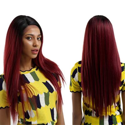 China Long Straight Hair Ombre Black Front Lace Synthetic Wig Red Daily Wear Wig For Daily Party Cosplay Black Women Wedding High Density for sale