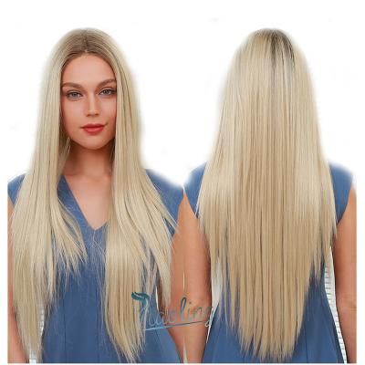 China Daily Wear HAOLING Wig Silky Straight Hair Synthetic Long Lace Front Wig Ombre Brown Blonde Wigs For Women Lace Front Synthetic Wigs for sale