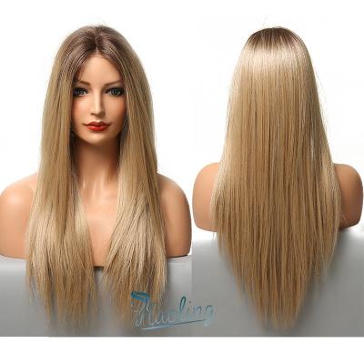 China HAOLING Wig Black Daily Wear Golden Brown Synthetic Lace Front Wig Middle Part Long Straight Lace Wigs For Women Lace Up Synthetic Wigs for sale