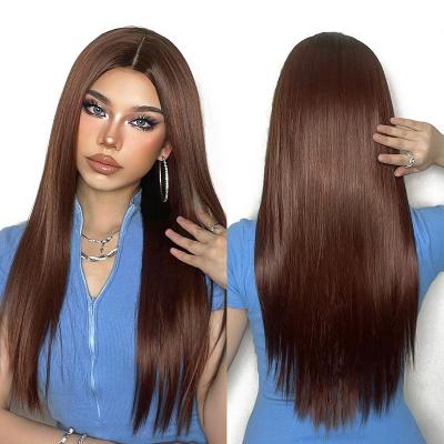 China Factory Daily Inventory Wholesale Lace Front Synthetic Wigs Long Straight Brown Wigs For Color Women Natural High Density Daily Wigs for sale