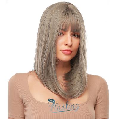 China Daily Fast Delivery Cute Girls Use Dark Roots To Grayish Gold Ombre Synthetic Hair Wigs With Bangs For Women Daily Makeup Wear for sale