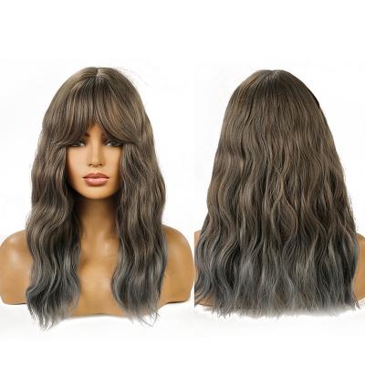 China High Quality Daily Use Synthetic Wig with 150% Density Heat Resistant Fiber Medium and Long Blonde Brown to Gray Lady Wig for sale