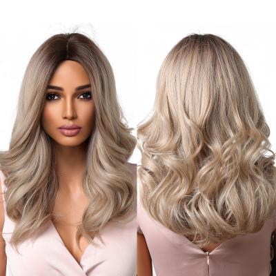 China Wholesale Ombre Pink Brown Medium Length Synthetic Blonde Wigs Factory Inventory Natural Wavy Hair Wigs Supplier for sale