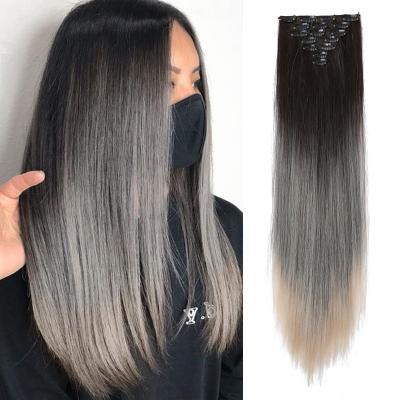 China Silky Straight Wave 24 Inch Straight Clip In Hair Extension 7 Pieces/Set Synthetic Wig With Clip Three Color Gradient Clip In Hair Extensions for sale