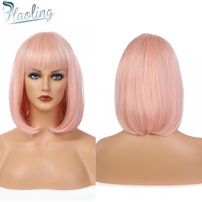 China Short Straight Light Pink Bob Cosplay Synthetic Wig With Bangs For Women Wigs for sale