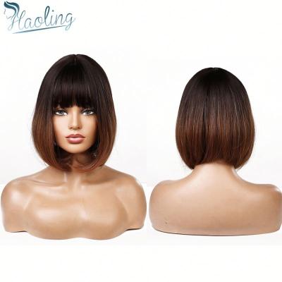 China Daily Use Short Straight Bob Synthetic Wigs With Bangs Natural Black To Brown Ombre Hair Wigs For Women Cosplay Heat Resistant Wigs for sale