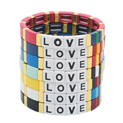 China New CLASSIC AMOR painting gold charm alloy tile beads enamel elastic Bohemian bracelets for sale