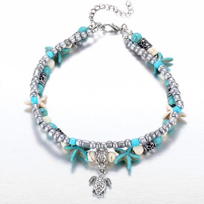 China BOHEMIA Fashion Vintage Bohemian Pearl Layer Foot Jewelry Multi Shell Blue Starfish Turquoise Anklet For Women for sale