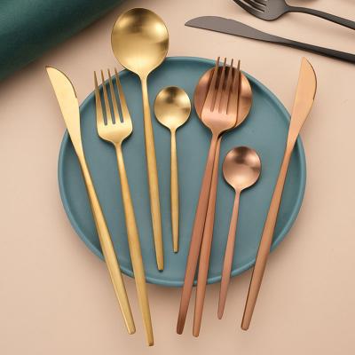 China Wholesale Viable Portuguese Matte Gold Colored Silverware Spoon Fork Set Stainless Steel Cutlery Flatware Dinner Knife for sale