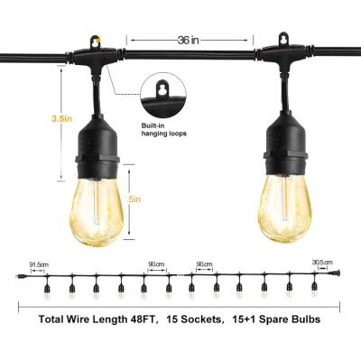 China 48FT With 15 Pcs S14 Unbreakable Sockets 48ft Outdoor String Light With 15 Dimmable LED Vintage Edison Bulbs Commercial Grade Patio Lights for sale