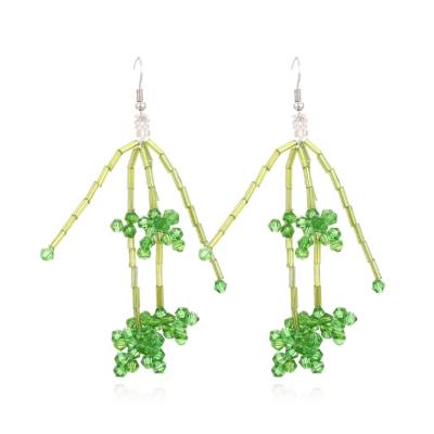 China Long Crystal Beaded Tassel Flower Earrings Green Handwoven TRENDY Elegant For Woman for sale