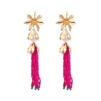 China BOHEMIA Personality Metal Flower Tassel Earrings Long Exaggerated Flower Bohemian Handmade Beaded Earrings for sale