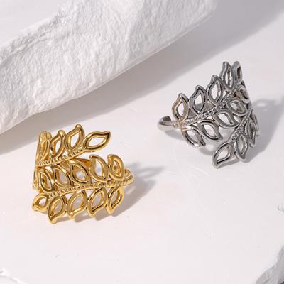 China TRENDY fashion exaggerated stainless steel gold plated leaf ring for women personality trend does not lose color to knuckle ring jewelry for sale