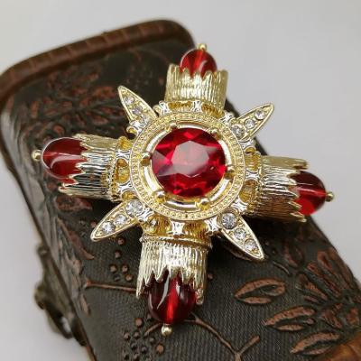 China New Fashion Baroque Red Rhinestone Cross Brooch Pin Metal Big Brooches For Women Vintage Pins Clothes Scarf Clip Jewelry for sale