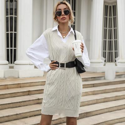 China 2021 Autumn Winter Women's Casual V-Neck Breathable Sleeveless Sweaters Invest Dress Women's Cable Knitted Sweater Dresses for sale