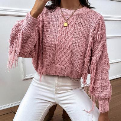 China Anti-Wrinkle College Sweater Crop Fringe Suede Sweater Crewneck Sweater Tassel Rag Slouchy Dress Knitted Women Surplice Pink Sweater for sale