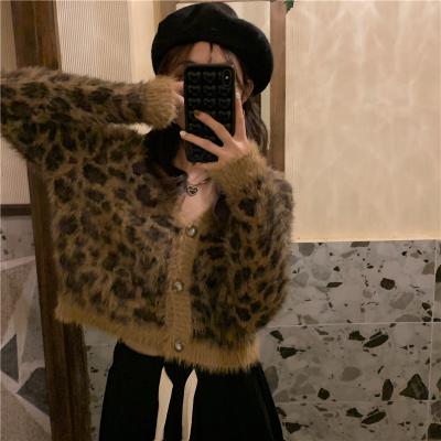 China Anti-Wrinkle Sweater Cashmere Korea Style Leopard Graphic Private Label One Size Slouchy Acrylic Rabbit Fur Cardigan Sweater For Small for sale